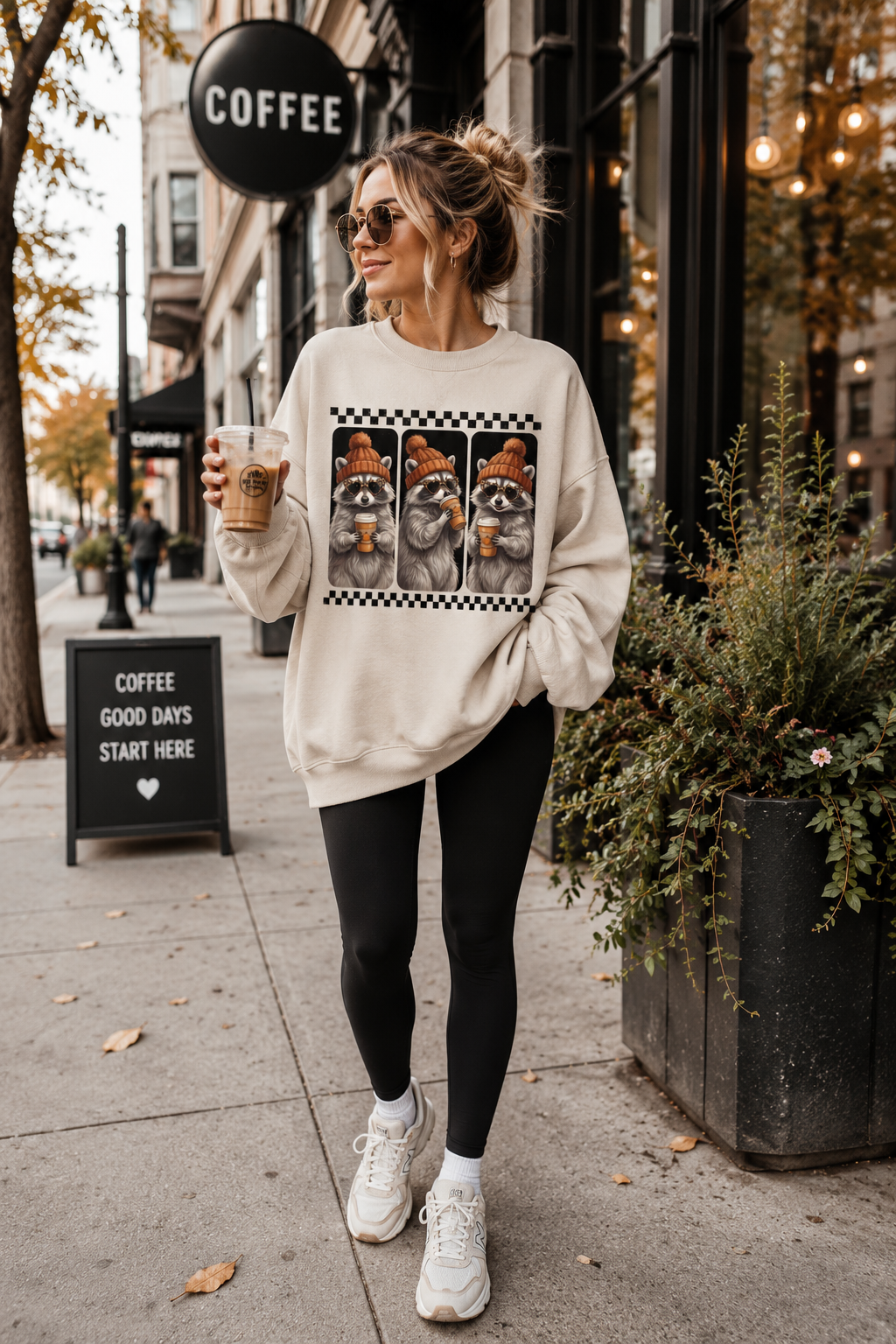 Fall Raccoon Pumpkin Spice Coffee Sweatshirt for Women | Cute Cozy Autumn Crewneck