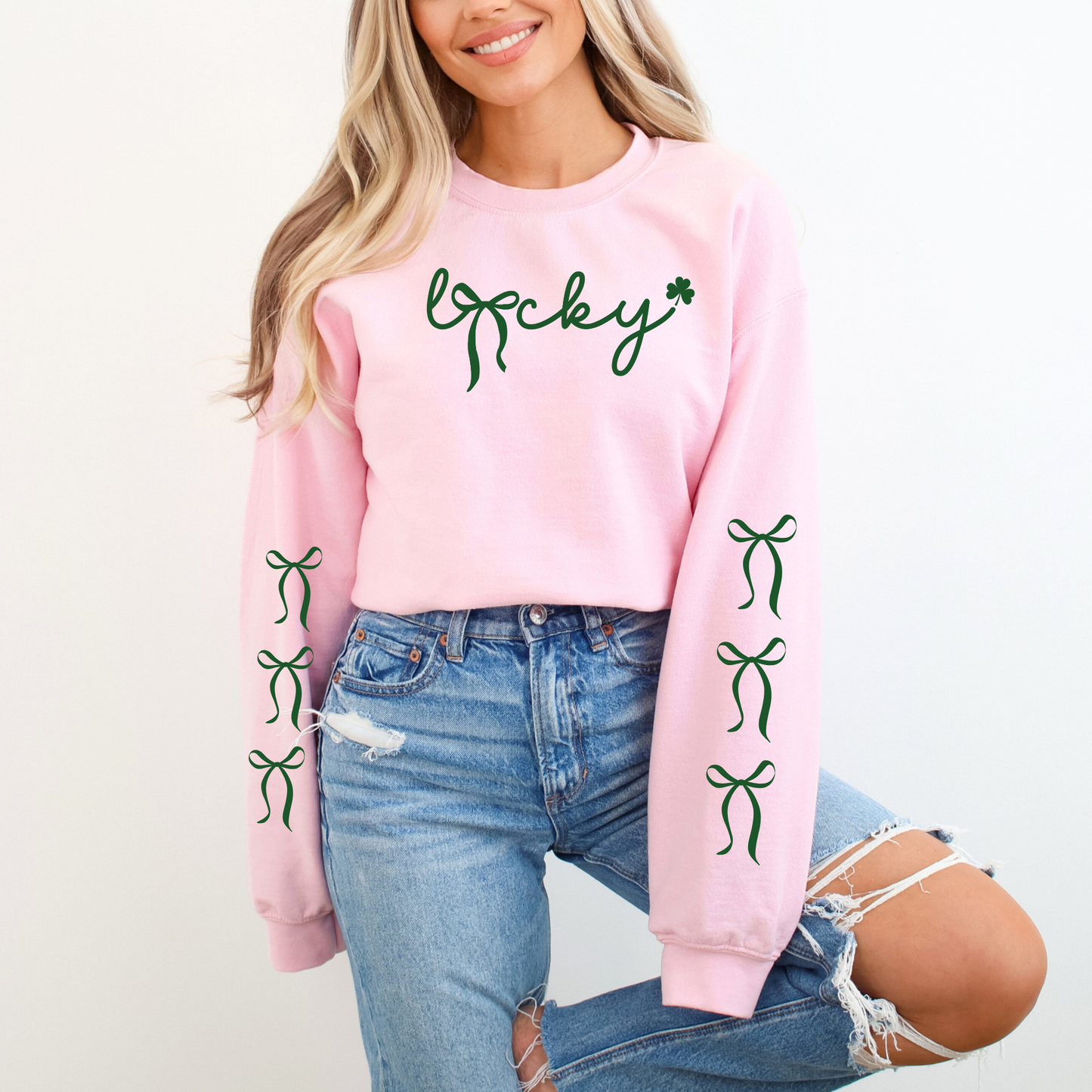 Lucky St. Patrick’s Day Sweatshirt with Sleeve Accents | Cute Green Bow Crewneck | St Patrick’s Day Outfit for Women | Irish Holiday Gift
