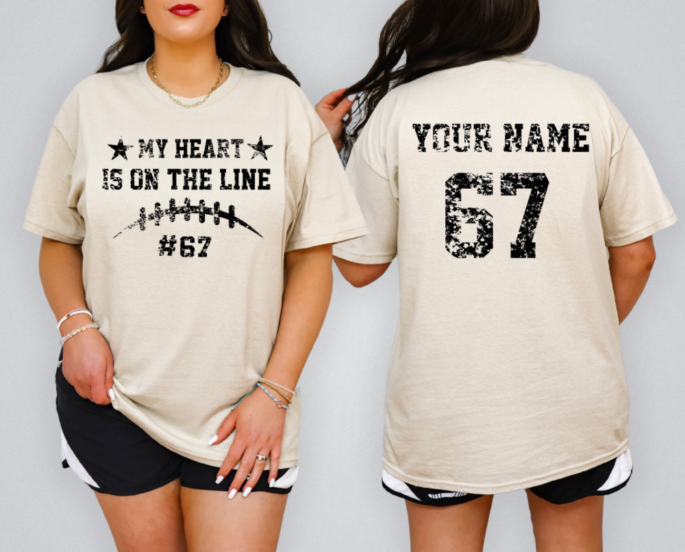 Football Mom My Heart Is On The Line Comfort Colors Shirt | Personalized Name & Number Back | Custom Game Day T-Shirt