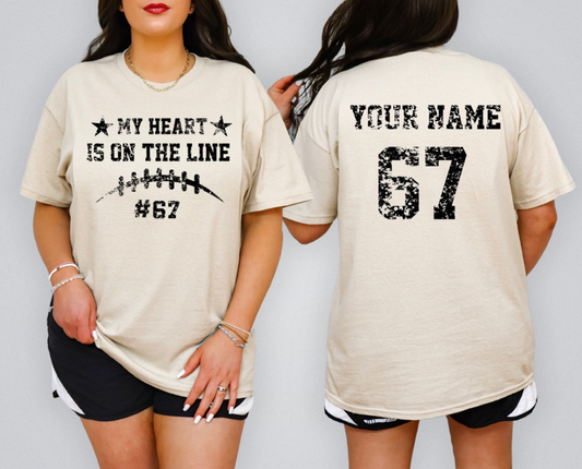 Football Mom My Heart Is On The Line Comfort Colors Shirt | Personalized Name & Number Back | Custom Game Day T-Shirt