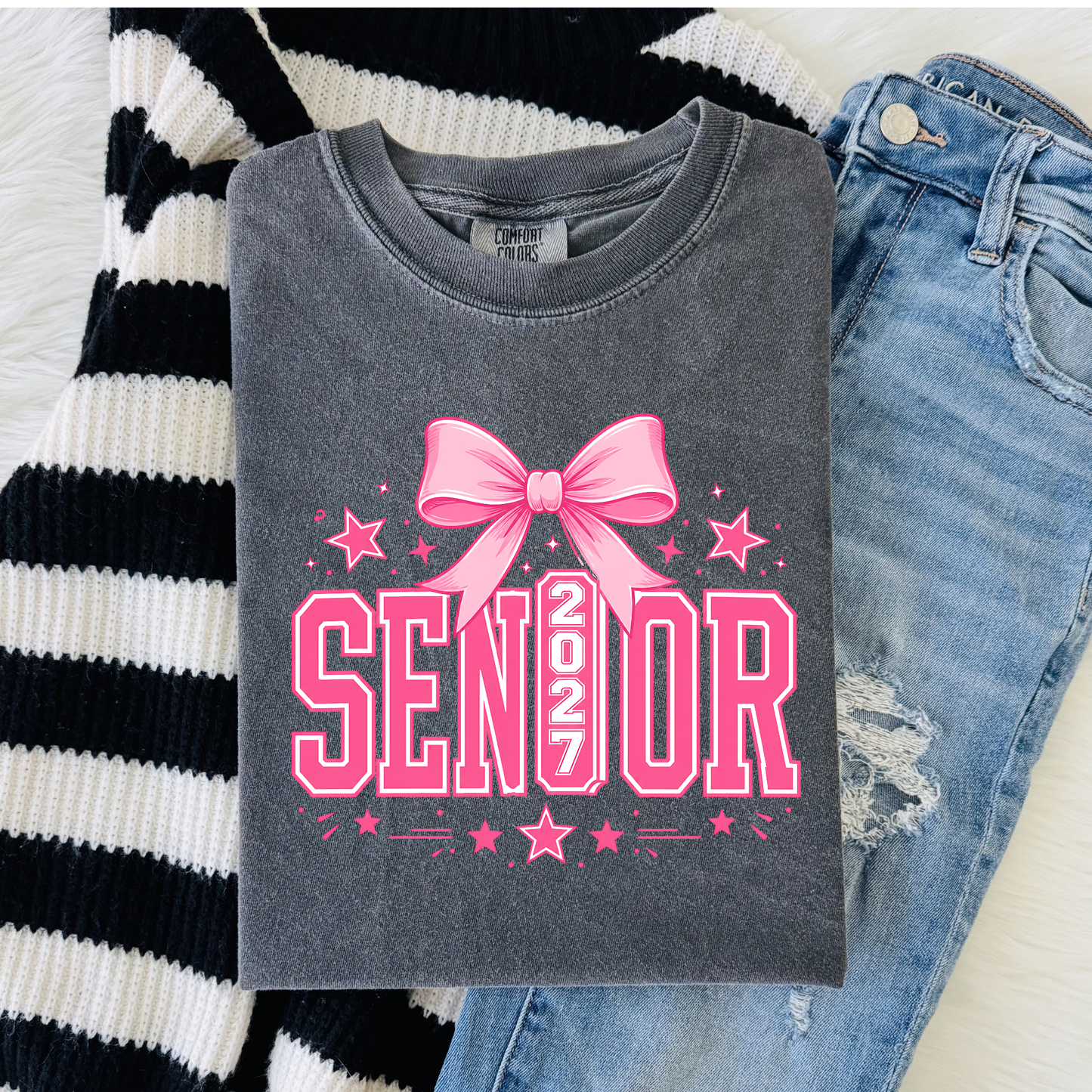 Senior 2027 Comfort Colors Shirt | Pink Bow Class of 2027 Tee