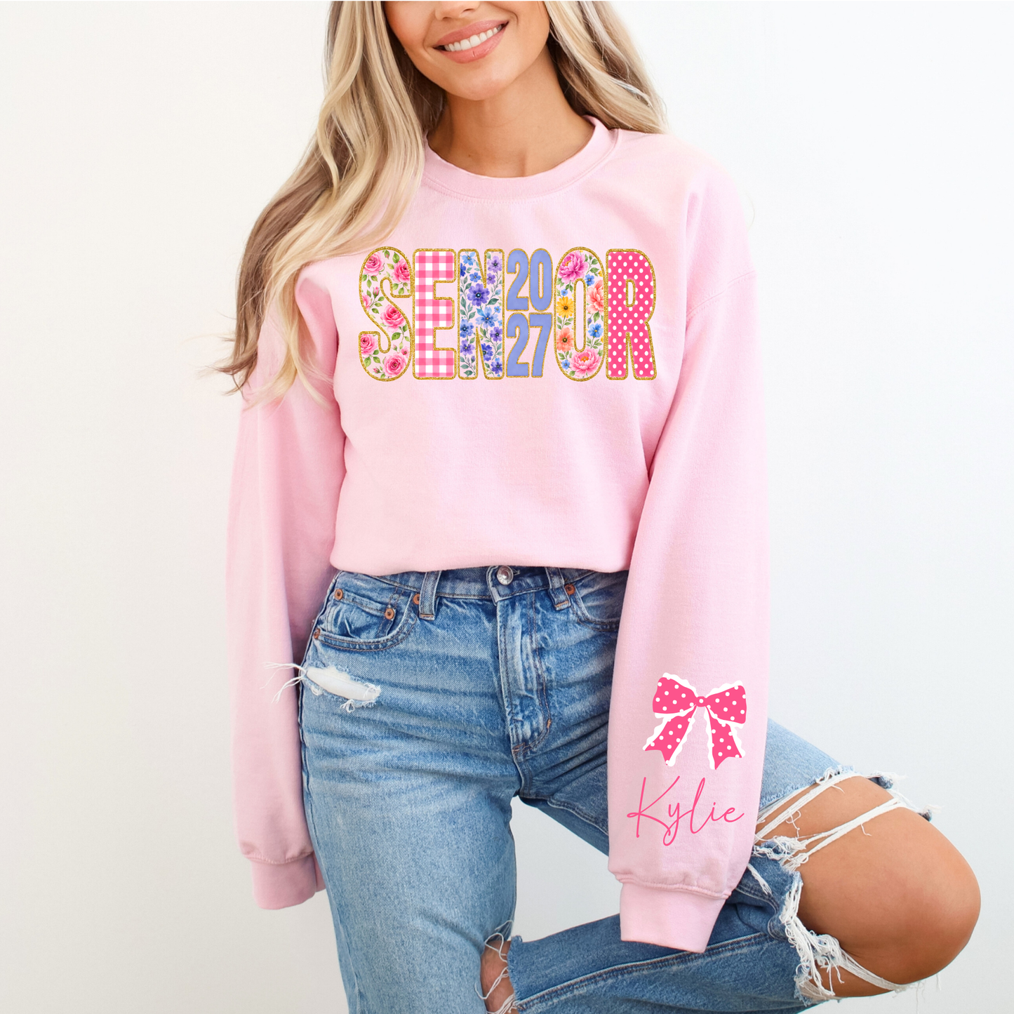 Personalized Senior 2027 Sweatshirt | Custom Name Sleeve Floral Class of 2027 Crewneck