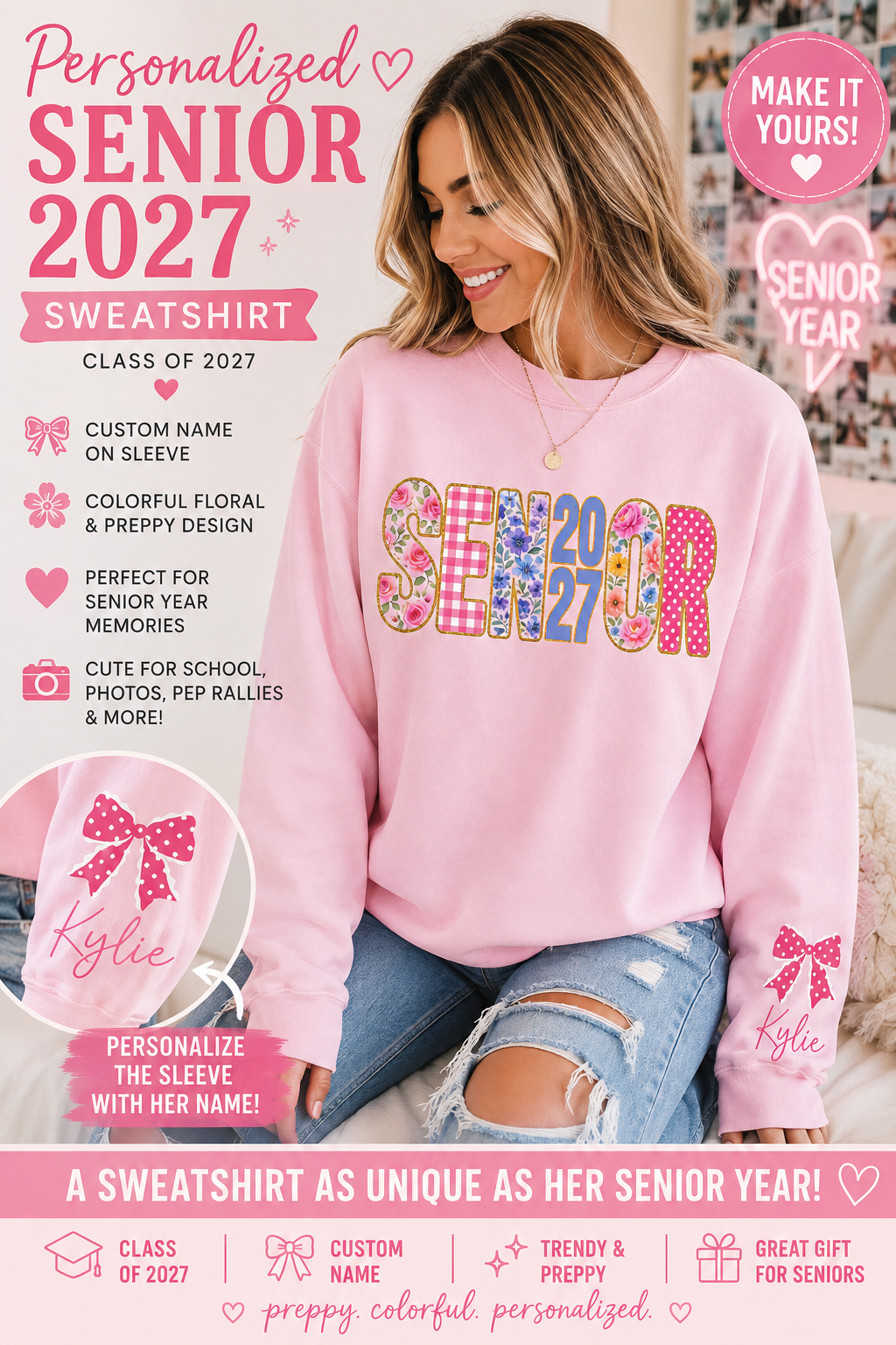 Personalized Senior 2027 Sweatshirt | Custom Name Sleeve Floral Class of 2027 Crewneck