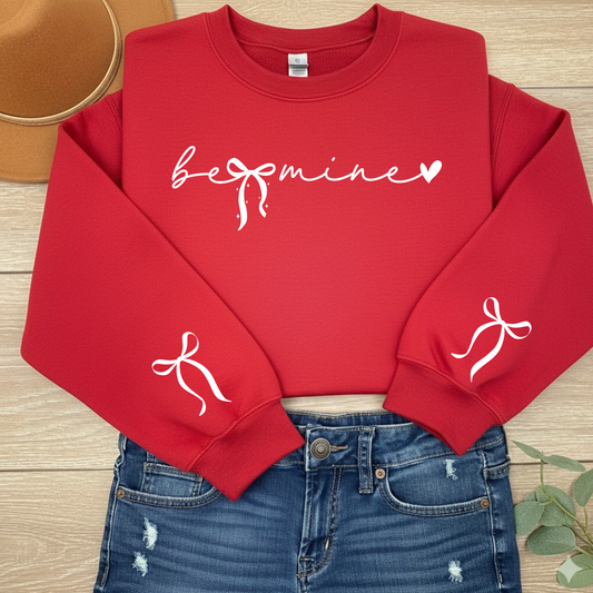 Be Mine Valentine Sweatshirt with Bow Sleeve Accents | Cute Valentine’s Day Sweatshirt for Women | Cozy Gift for Her