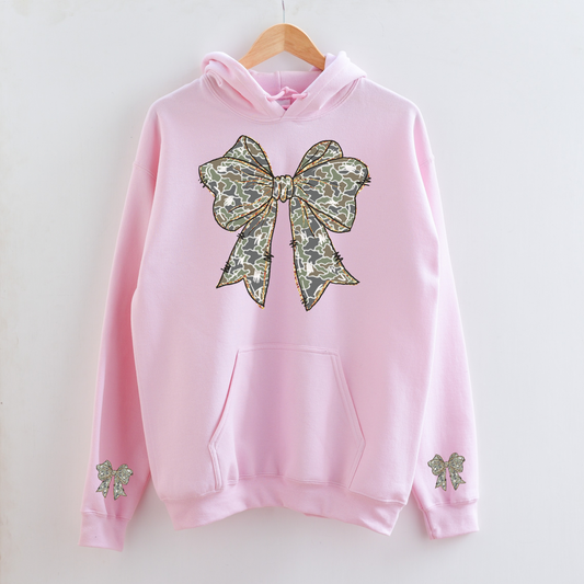 Camo Bow Hoodie for Women & Teens | Pink Coquette Camouflage Sweatshirt