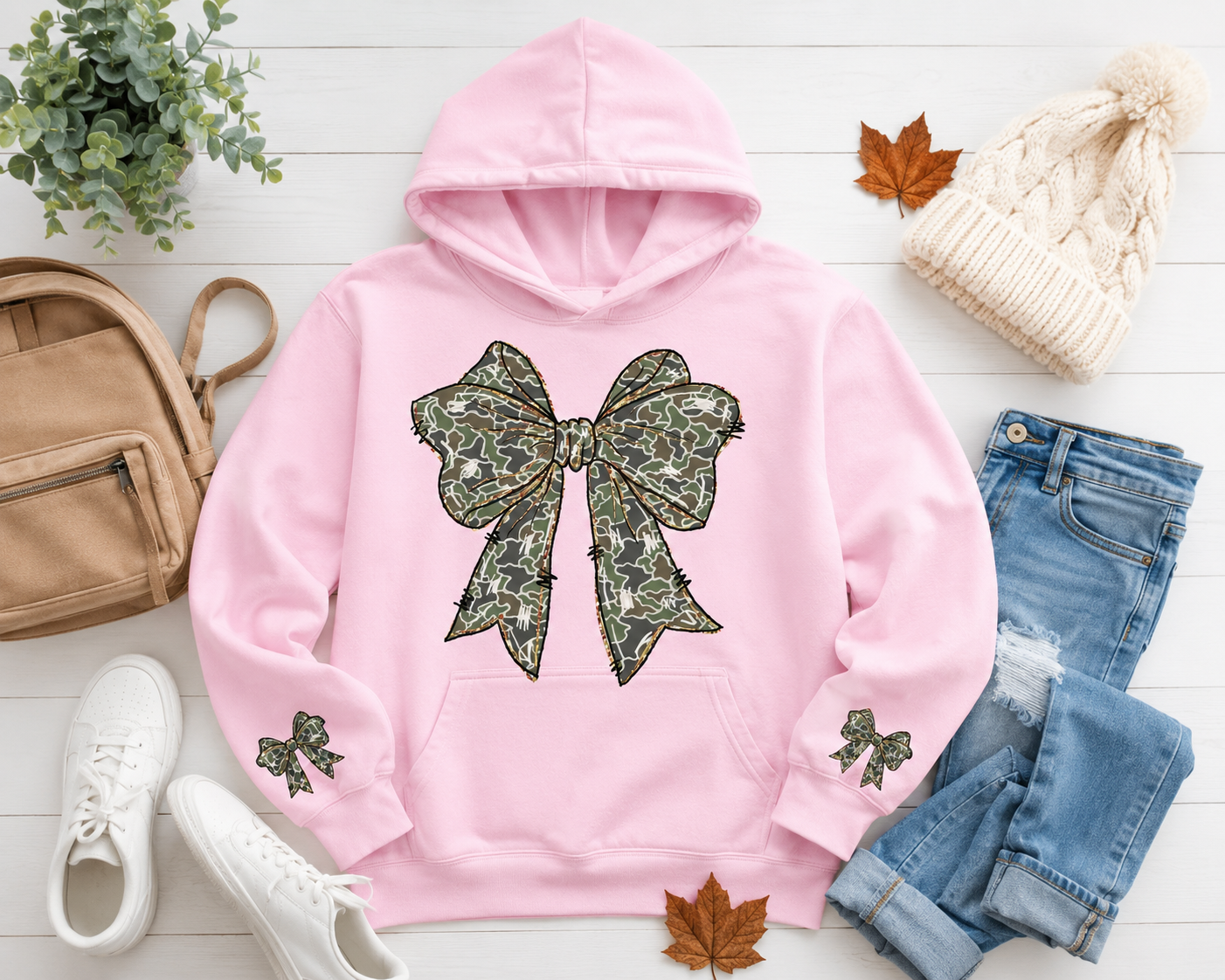 Camo Bow Hoodie for Women & Teens | Pink Coquette Camouflage Sweatshirt