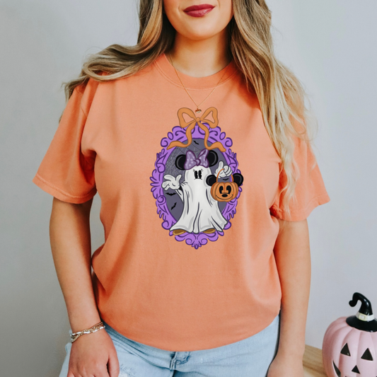 Coquette MINNIE GHOST Halloween Shirt for Women, Cute Ghost Pumpkin Bow Tee, Girly Fall Aesthetic Shirt, Trendy Halloween Outfit