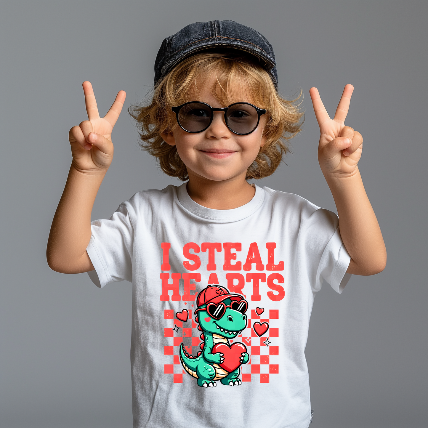 Boys Dino Valentine Shirt | I Steal Hearts Dinosaur Tee | Cute Valentine Shirt for Boys | Valentine Gift for Kids