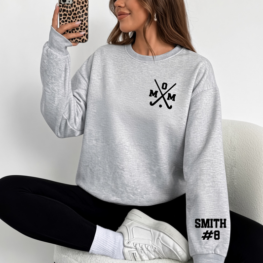 Custom Field Hockey Mom Sweatshirt – Personalized Player Name and Number Sleeve