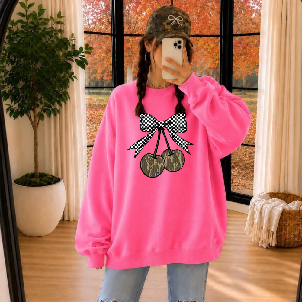 Cherry Sweatshirt for Women – Camo Cherry Bow Graphic Crewneck