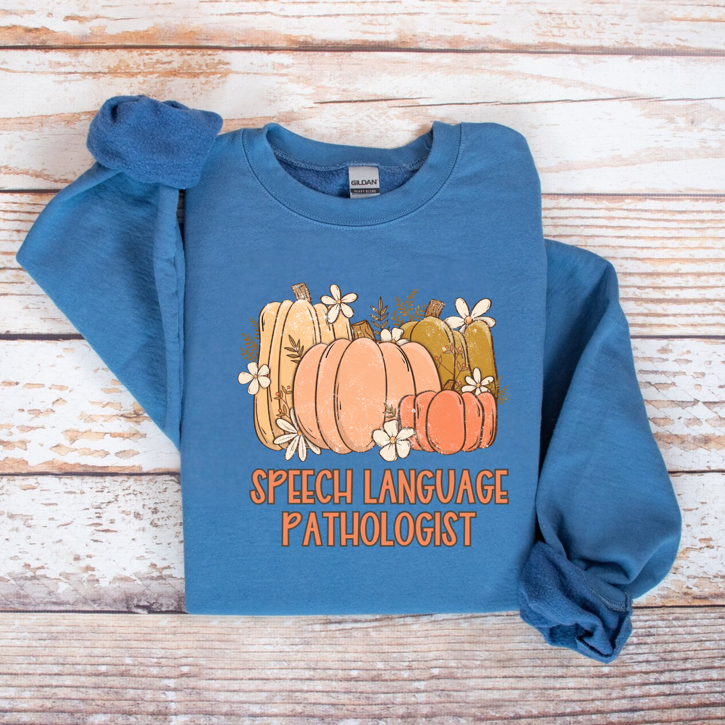 Gildan 18000 sand color sweatshirt with fall pumpkin design for Speech-Language Pathologists, cozy autumn SLP crewneck gift