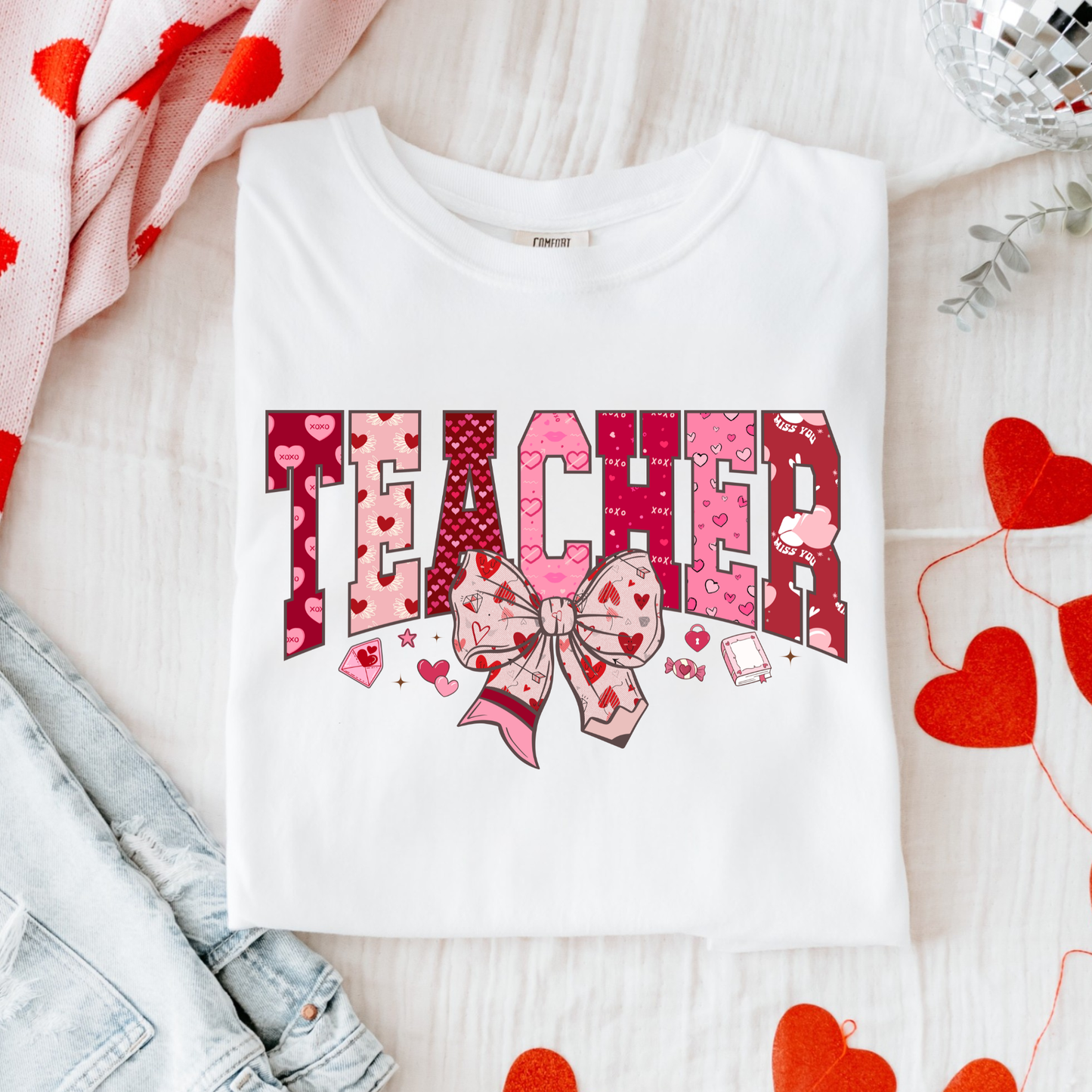 Valentine’s Day Teacher Shirt with Bow | Cute Valentine Teacher Tee | School Valentine Outfit for Women | Teacher Gift for February
