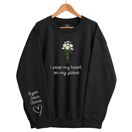 Custom Daisy “I Wear My Heart on My Sleeve” Sweatshirt with Kids’ Names | Personalized Mom, Grandma, Aunt, Stepmom Gift