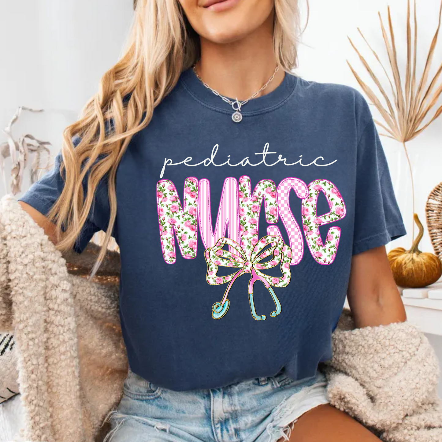 Floral Bow Pediatric Nurse Shirt