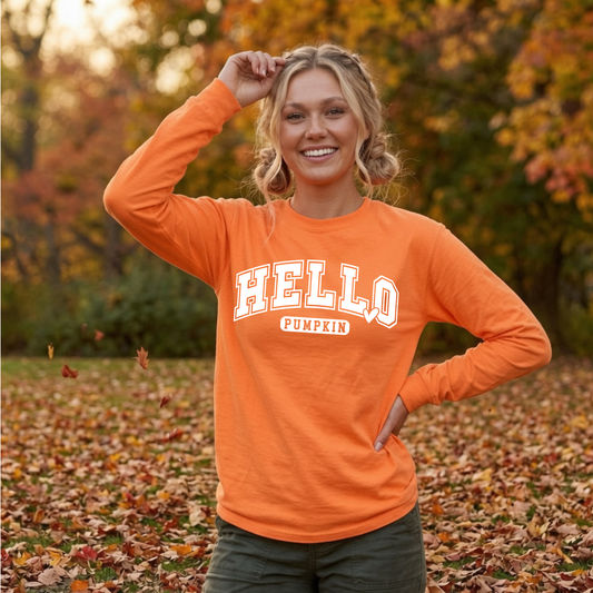 Comfort Colors Hello Pumpkin Long or Short Sleeve | Varsity Fall Shirt