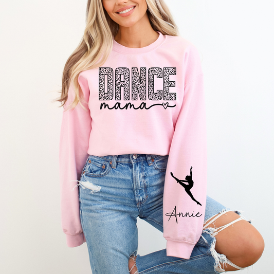personalized dance mom sweatshirt with custom child name on sleeve cozy mom outfit