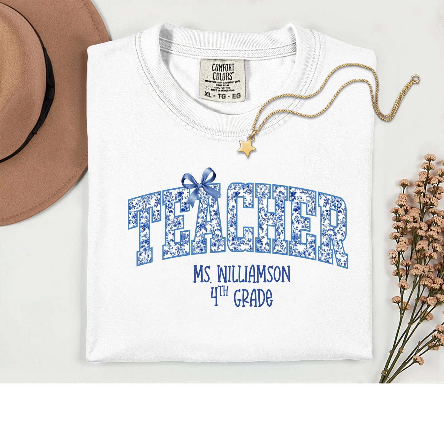 Custom Chinoiserie Bow Teacher Shirt with Name & Subject/Dept