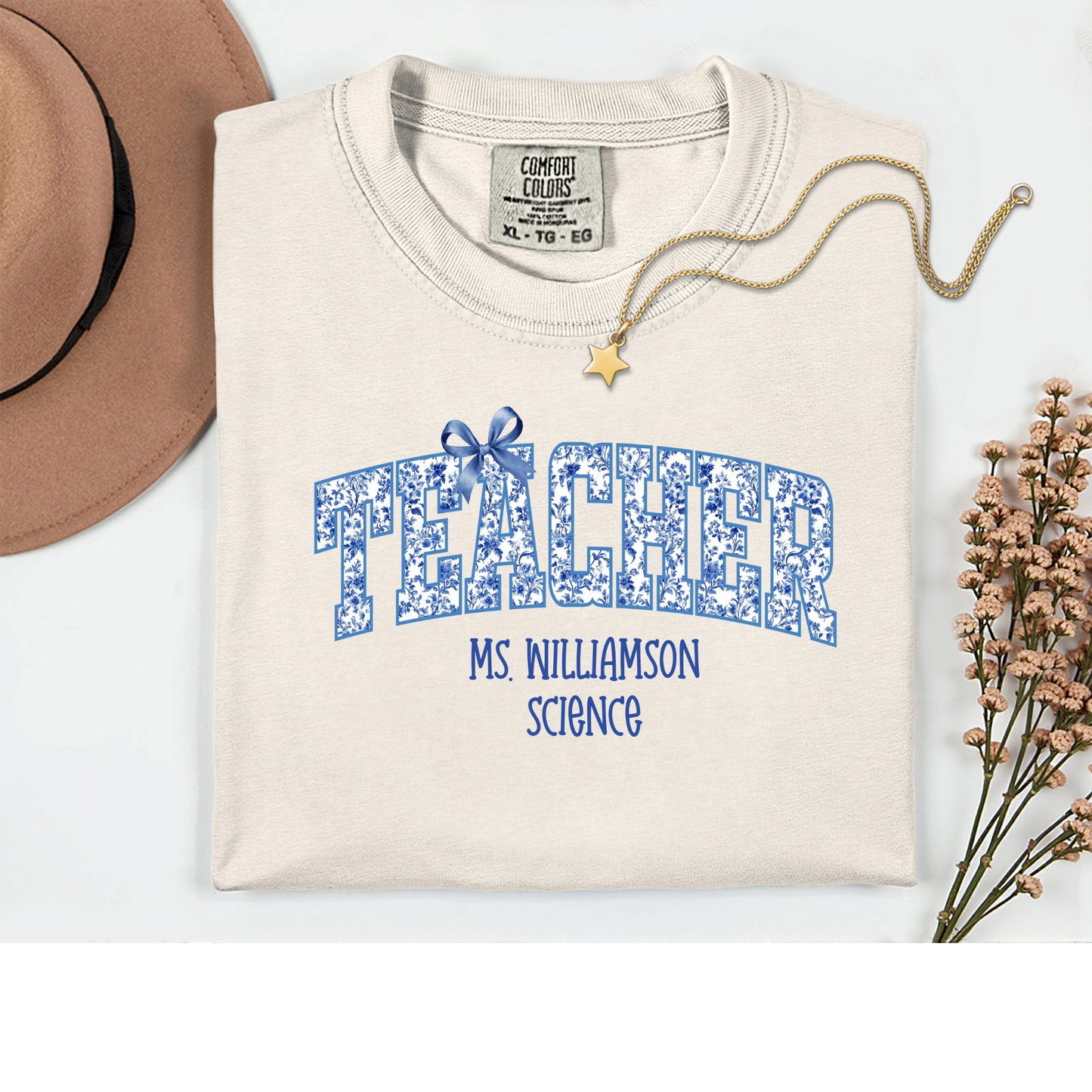 Custom Chinoiserie Bow Teacher Shirt with Name & Subject/Dept