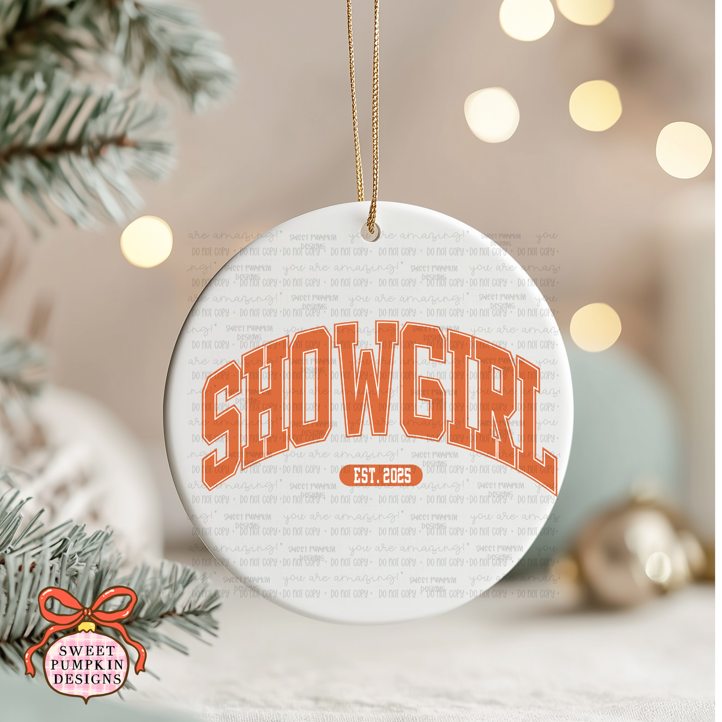 ORANGE SHOW GIRL CERAMIC CHRISTMAS ORNAMENT