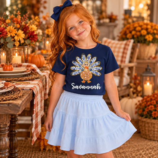 Personalized Chinoiserie Blue Floral Turkey Shirt for Girls | Cute Thanksgiving T-Shirt