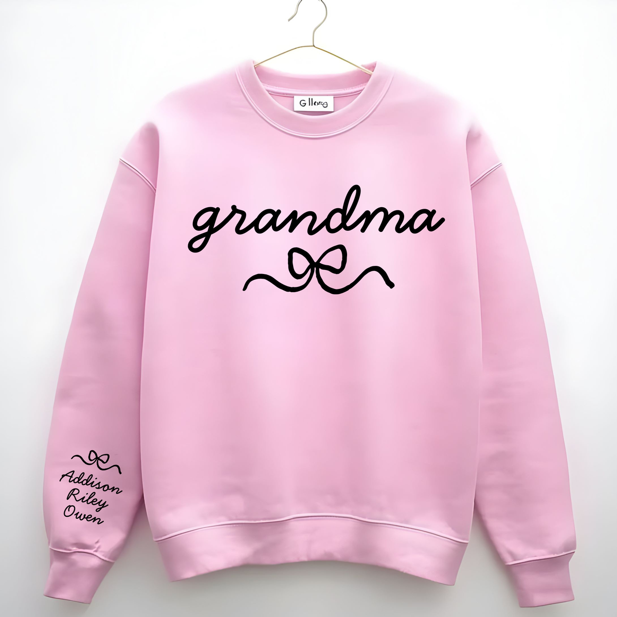 Custom Grandma Sweatshirt with Kids Names on Sleeve, Personalized Nana Mimi Gigi Crewneck, Bow Grandma Gift, Mother’s Day Gift for Grandma