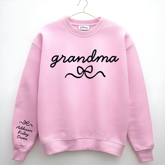 Custom Grandma Sweatshirt with Kids Names on Sleeve, Personalized Nana Mimi Gigi Crewneck, Bow Grandma Gift, Mother’s Day Gift for Grandma