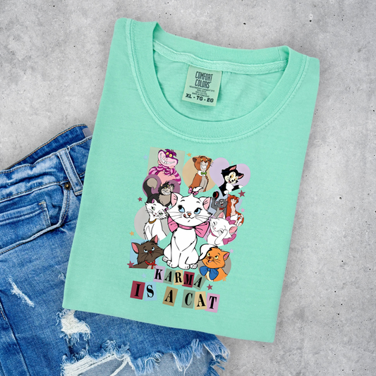 KARMA IS A CAT TANK OR TEE - COMFORT COLORS - MAGICAL PARK DAY VACATION TOP