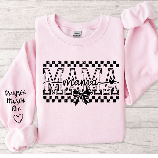 Custom Mama Valentine’s Day Sweatshirt with Kids’ Names on Sleeve – Personalized Mom Gift