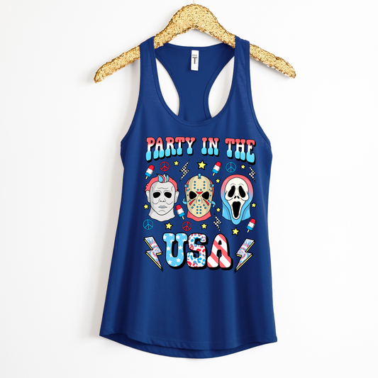 Patriotic Horror Racerback Tank Top for Women | 4th of July Outfit | Red White and Blue Tank