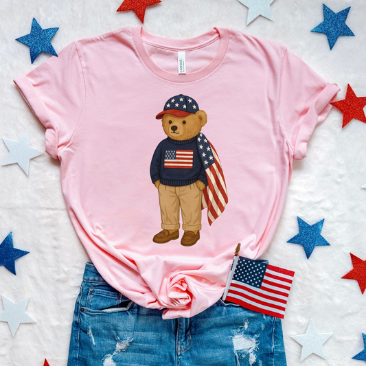 Patriotic Bear Bella Canvas T-Shirt for Women | 4th of July Outfit | Red White and Blue Shirt