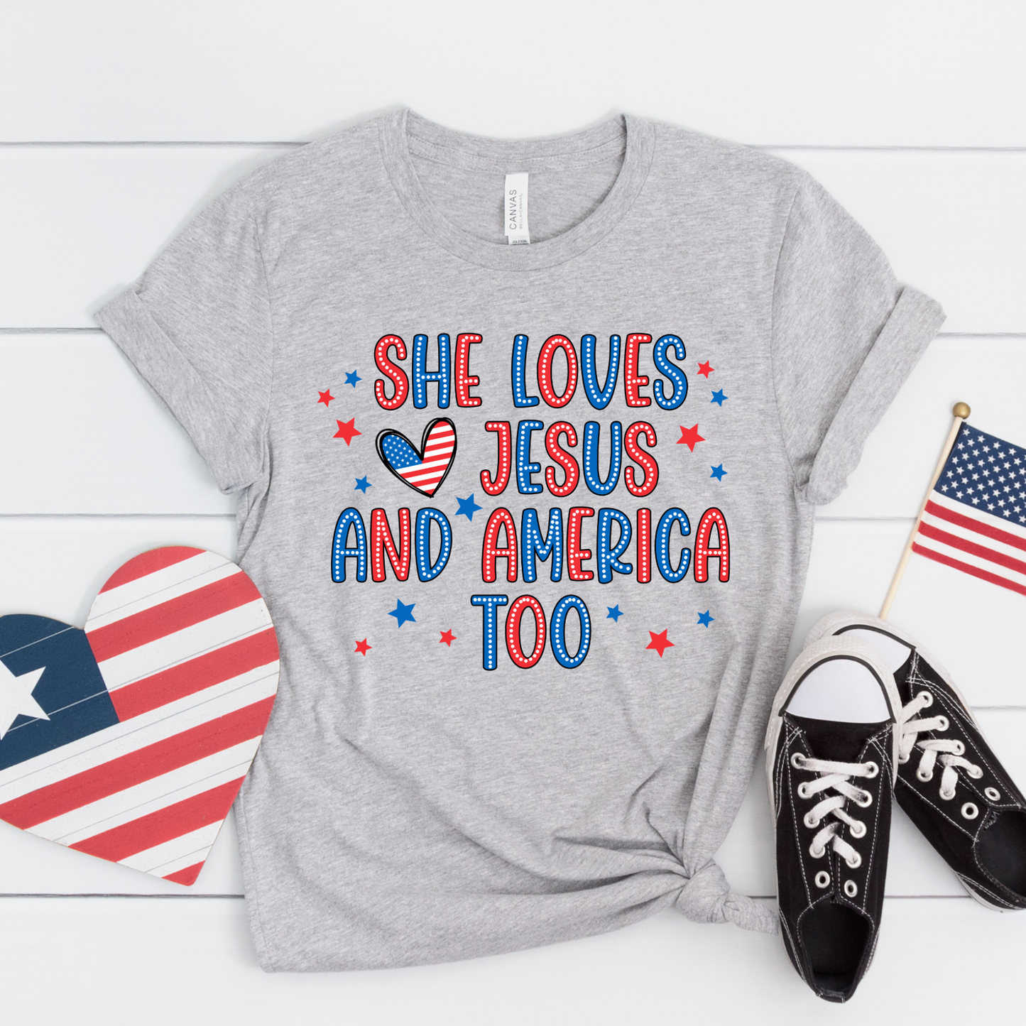 Patriotic She Loves Jesus & America Bella Canvas T-Shirt for Women | 4th of July Outfit | Red White and Blue Shirt