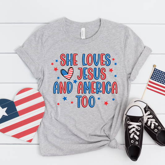 Patriotic She Loves Jesus & America Bella Canvas T-Shirt for Women | 4th of July Outfit | Red White and Blue Shirt