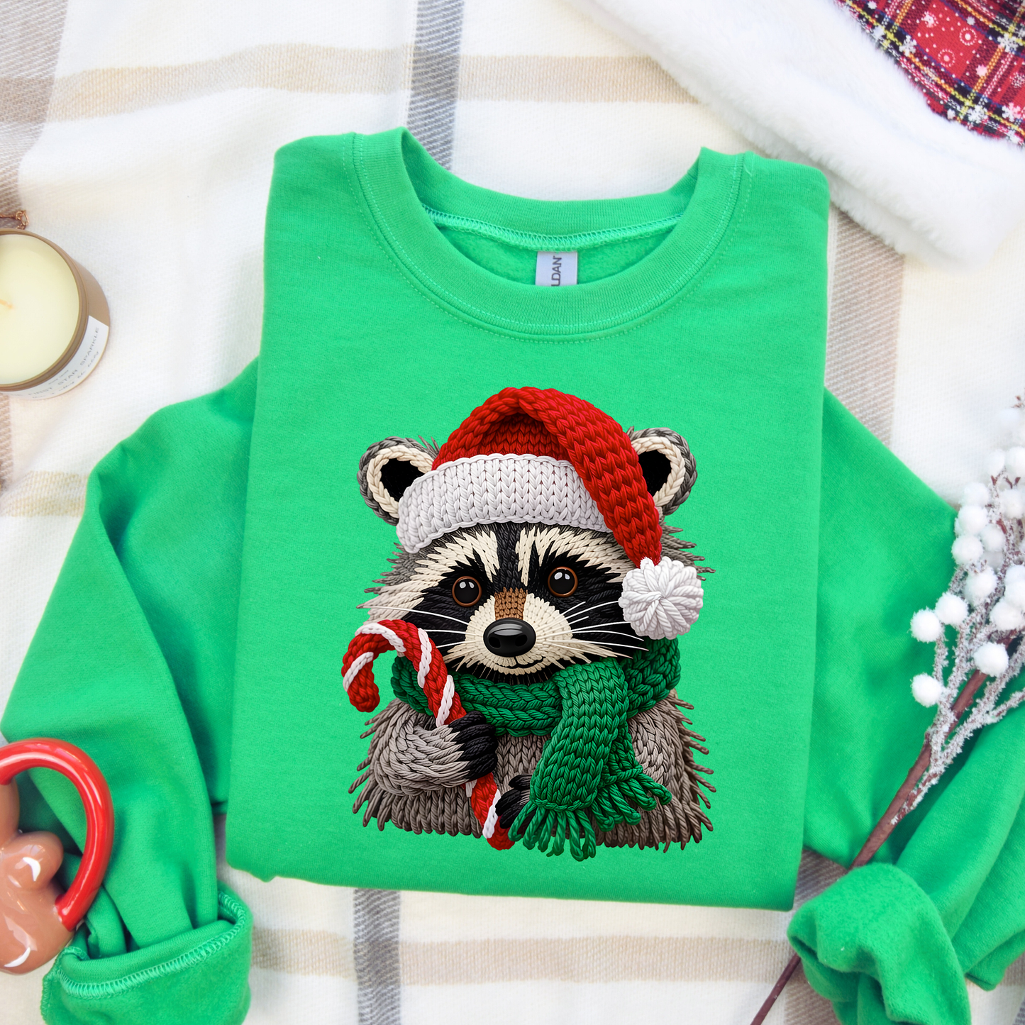 Faux Yarn Christmas Raccoon Sweatshirt | Cozy Holiday Crewneck for Women | Funny Christmas Sweater