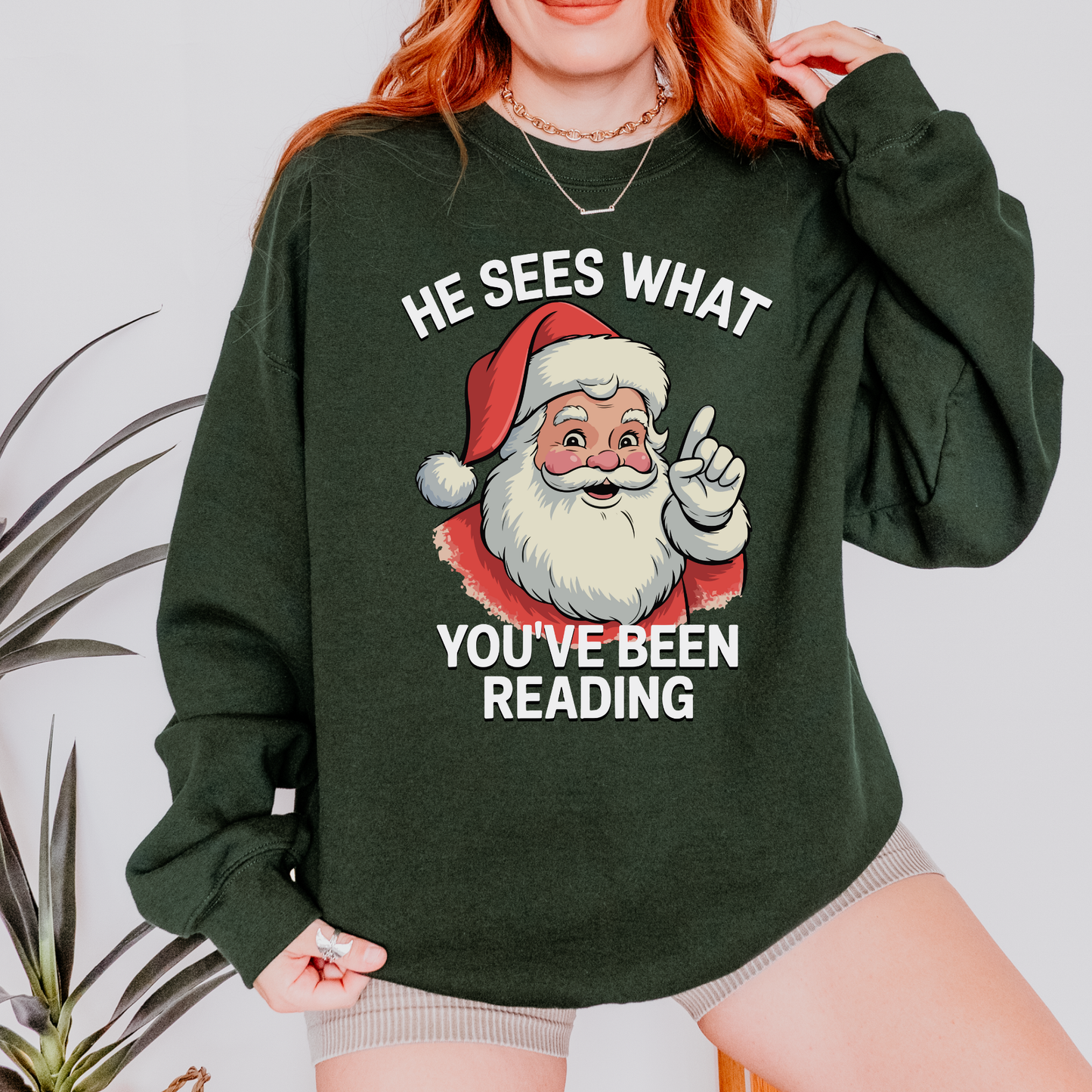 He Sees What You’ve Been Reading Christmas Sweatshirt | Smut Reader BookTok Crewneck | Gildan 18000