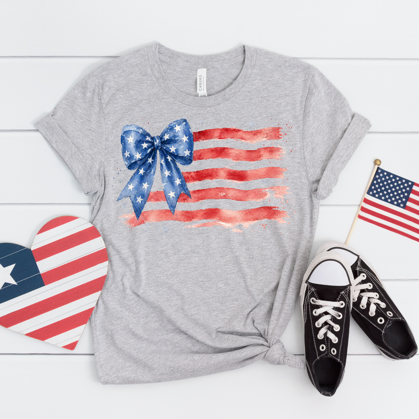 Patriotic American Flag Bow Bella Canvas T-Shirt for Women | 4th of July Outfit | Red White and Blue Shirt