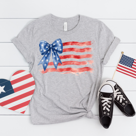 Patriotic American Flag Bow Bella Canvas T-Shirt for Women | 4th of July Outfit | Red White and Blue Shirt