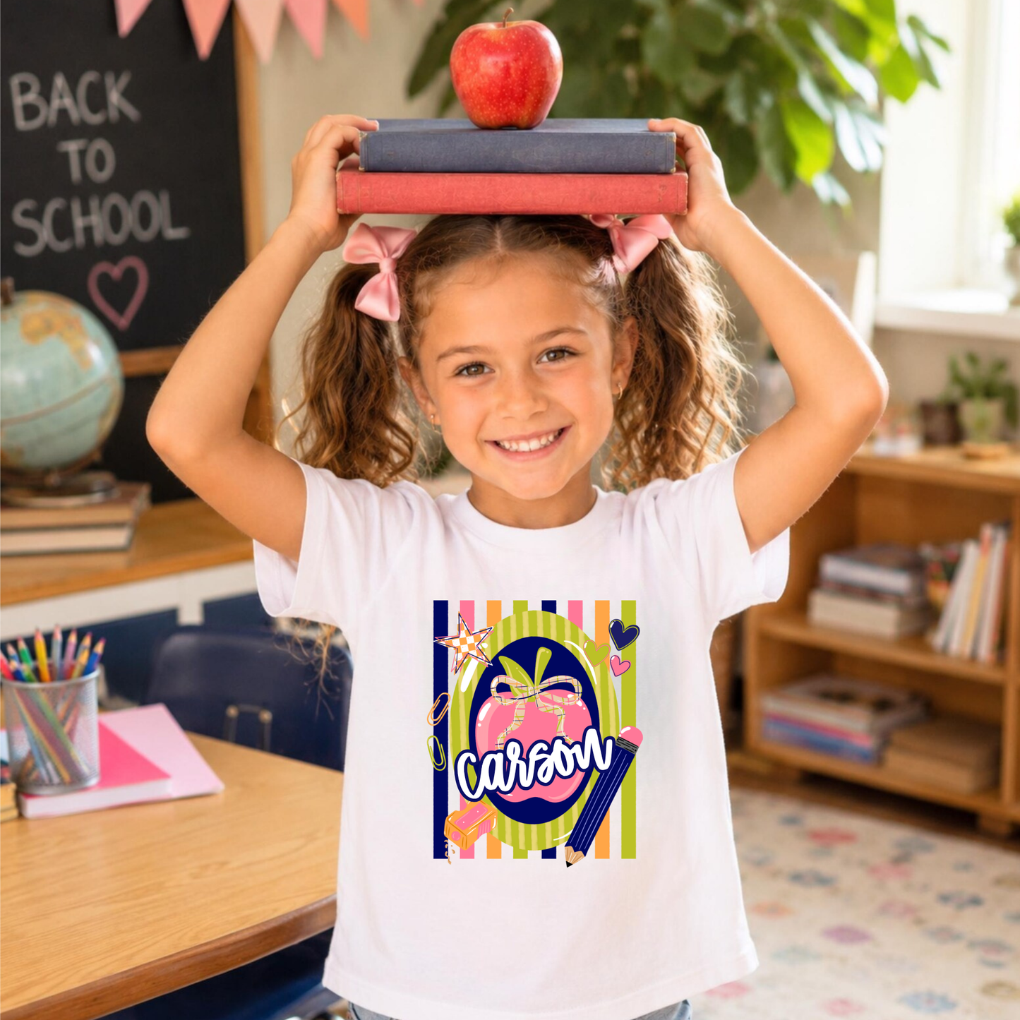 Personalized Back to School Shirt | Custom Girl’s Name Shirt | Preppy Striped Apple Shirt