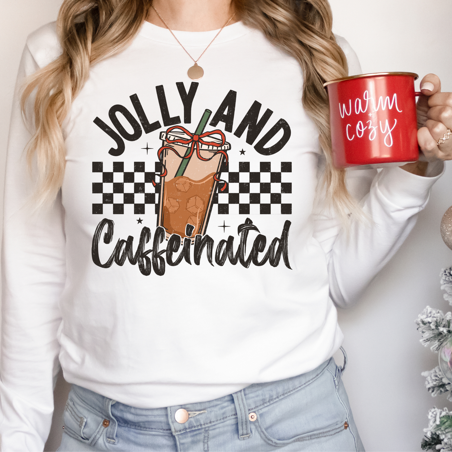 Jolly & Caffeinated Christmas Sweatshirt | Holiday Coffee Crewneck for Women