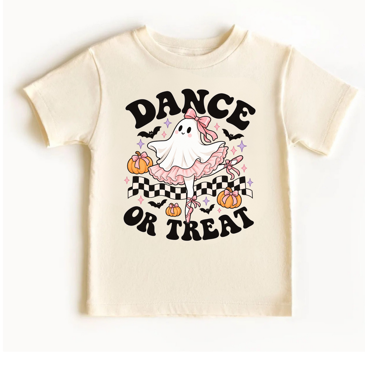 Girls Dance or Treat Halloween ballet T-shirt featuring a cute ghost ballerina in a pink tutu and ballet slippers, surrounded by orange pumpkins with bows, black bats, lavender sparkles, and checkerboard accents. Adorable Halloween dance class shirt for little ballerinas.
