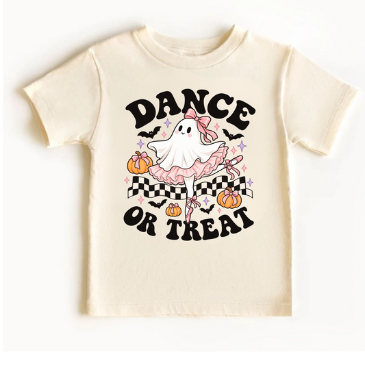 Girls Dance or Treat Halloween ballet T-shirt featuring a cute ghost ballerina in a pink tutu and ballet slippers, surrounded by orange pumpkins with bows, black bats, lavender sparkles, and checkerboard accents. Adorable Halloween dance class shirt for little ballerinas.