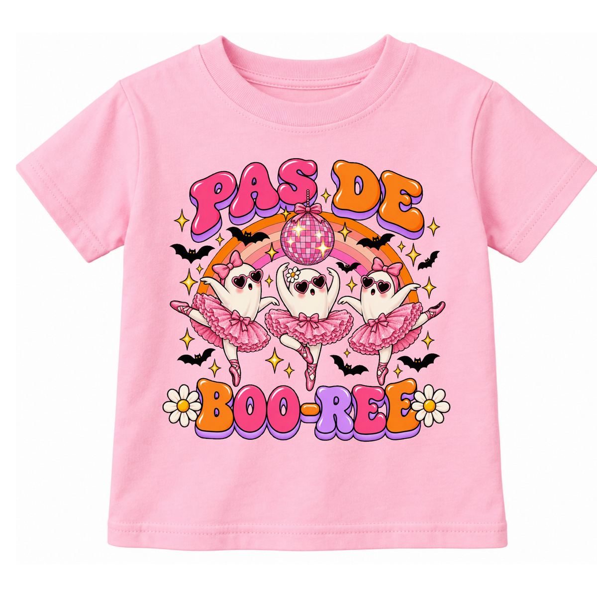 White Halloween ballet graphic T-shirt featuring Pas de Boo-ree lettering in pink, orange, and purple with three ghost ballerinas wearing pink tutus and heart sunglasses, a pink disco ball, rainbow, bats, and sparkles. Cute retro Halloween dance shirt for girls and ballet lovers.