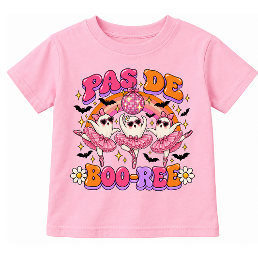 White Halloween ballet graphic T-shirt featuring Pas de Boo-ree lettering in pink, orange, and purple with three ghost ballerinas wearing pink tutus and heart sunglasses, a pink disco ball, rainbow, bats, and sparkles. Cute retro Halloween dance shirt for girls and ballet lovers.