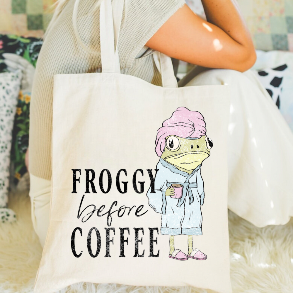 Froggy Before Coffee Tote Bag | Funny Frog Canvas Tote