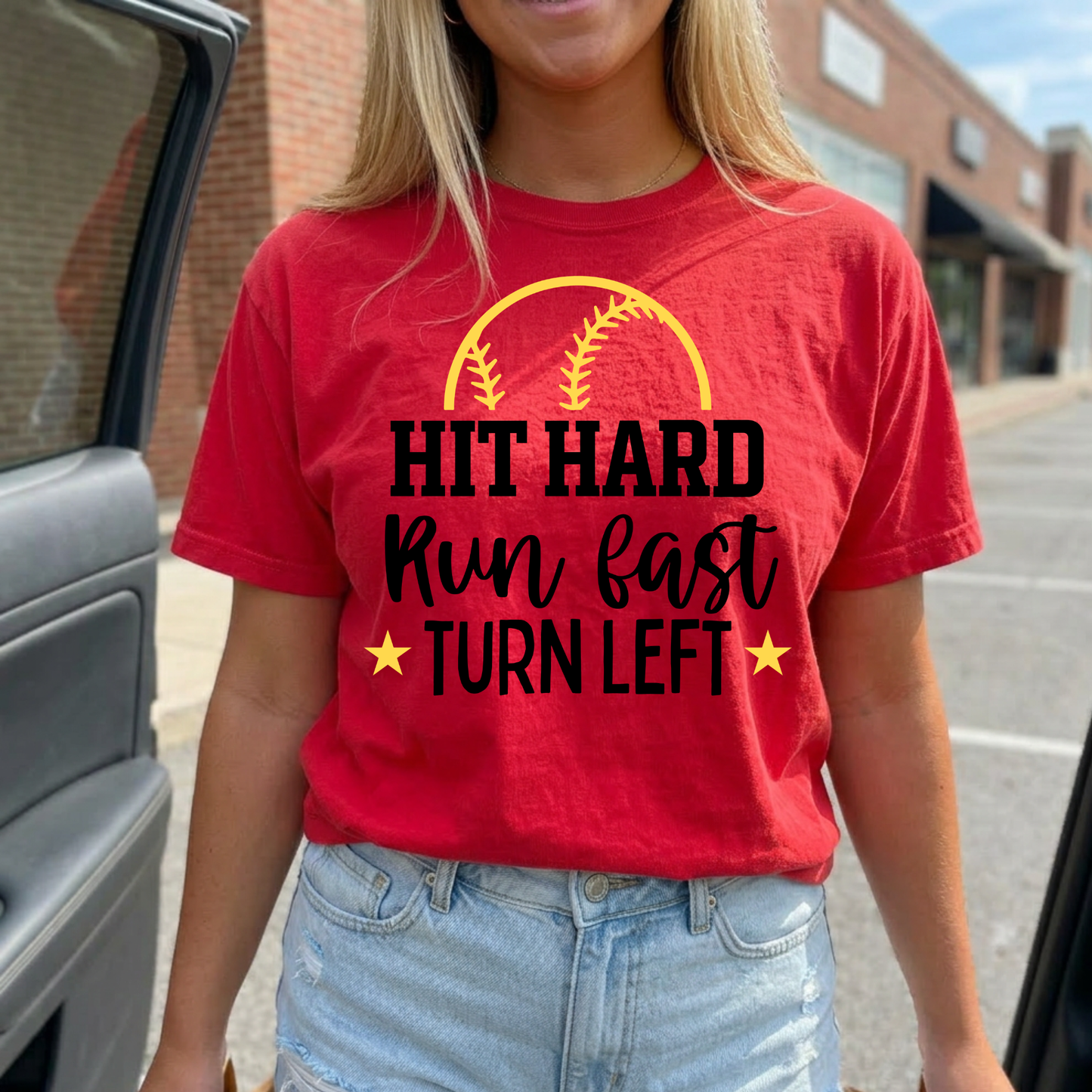 HIT HARD RUN FAST TURN LEFT Softball Bella Canvas T-Shirt | Softball Mom Shirt | Cute Game Day Tee | Travel Ball Mom Shirt | Sports Mom Graphic Tee