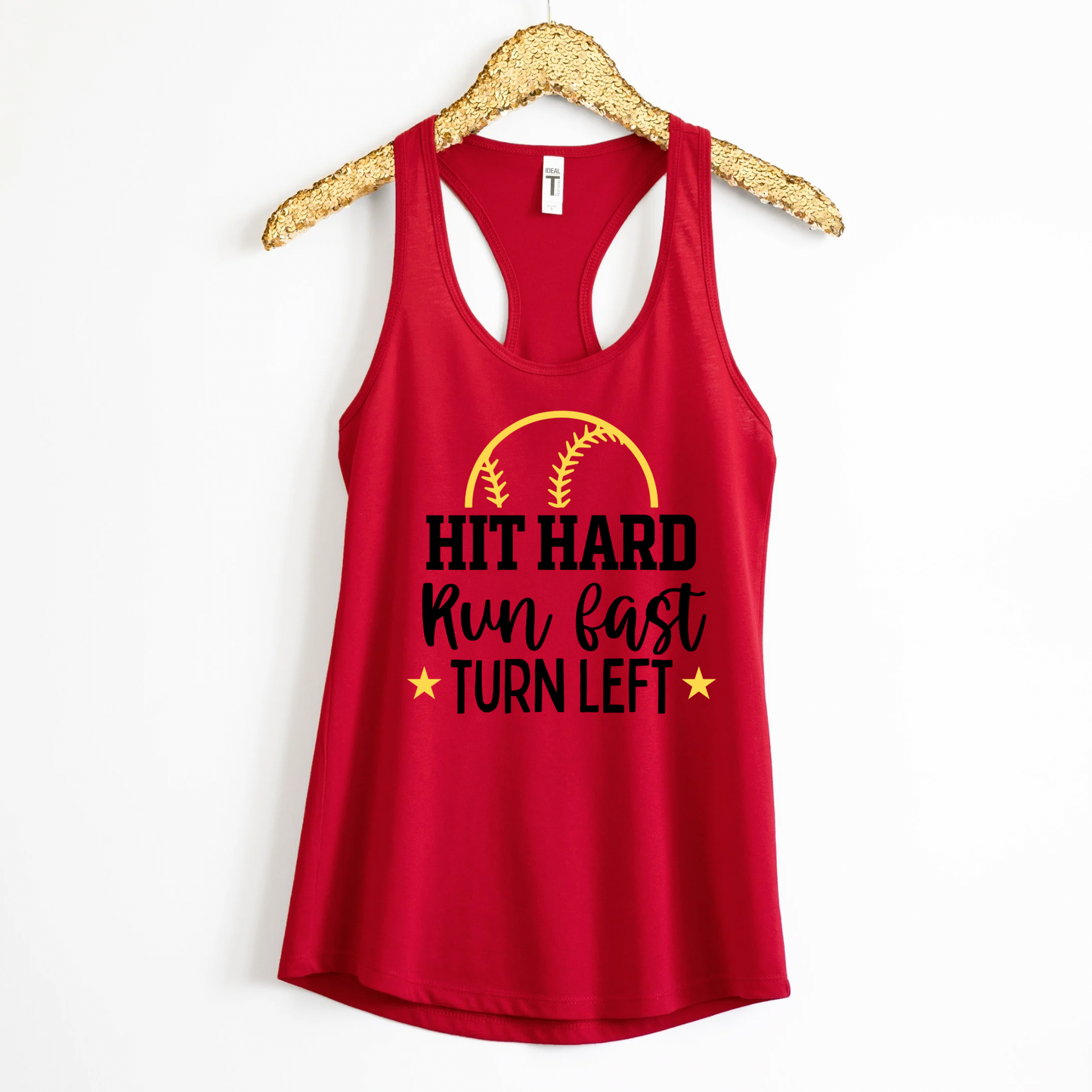 HIT HARD RUN FAST TURN LEFT Softball Racerback Tank Top | Softball Mom Tank | Next Level Tank for Sports Moms | Cute Game Day Tank | Summer Softball Outfit