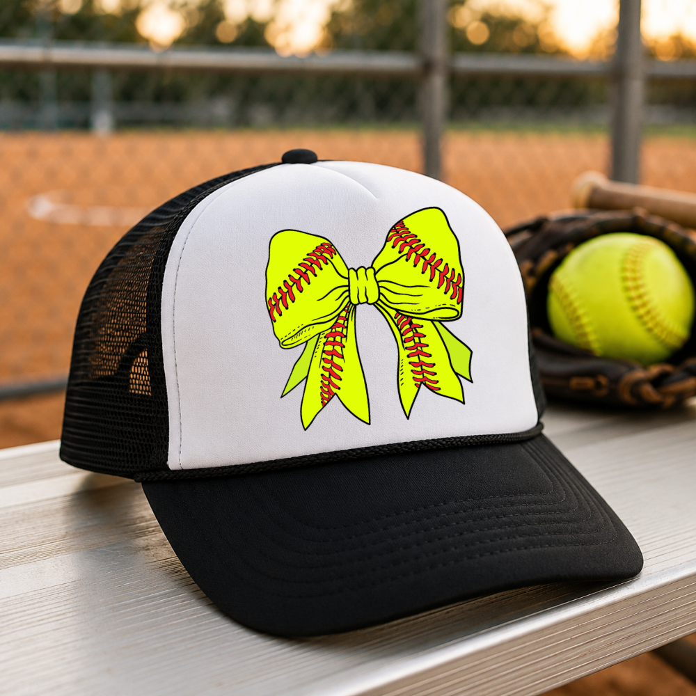 Softball Bow Foam Trucker Hat | Snapback Hat for Softball Moms | Cute Game Day Hat | Sports Mom Trucker Cap | Softball Season Hat