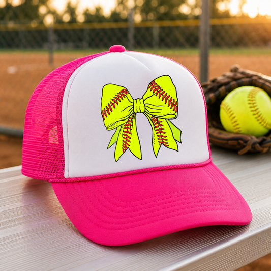 Softball Bow Foam Trucker Hat | Snapback Hat for Softball Moms | Cute Game Day Hat | Sports Mom Trucker Cap | Softball Season Hat