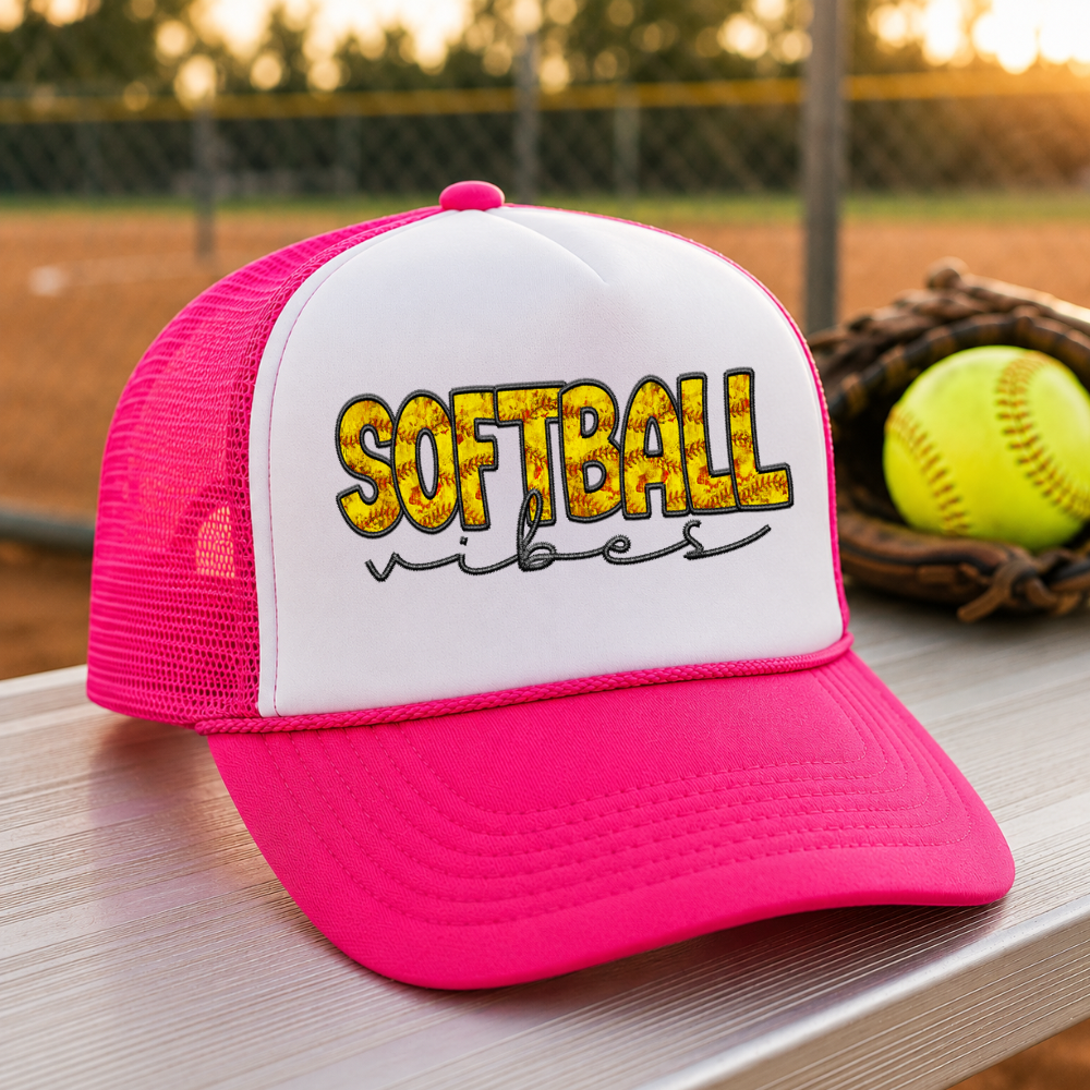 Softball Vibes Foam Trucker Hat | Snapback Hat for Softball Moms | Cute Game Day Hat | Sports Mom Trucker Cap | Softball Season Hat