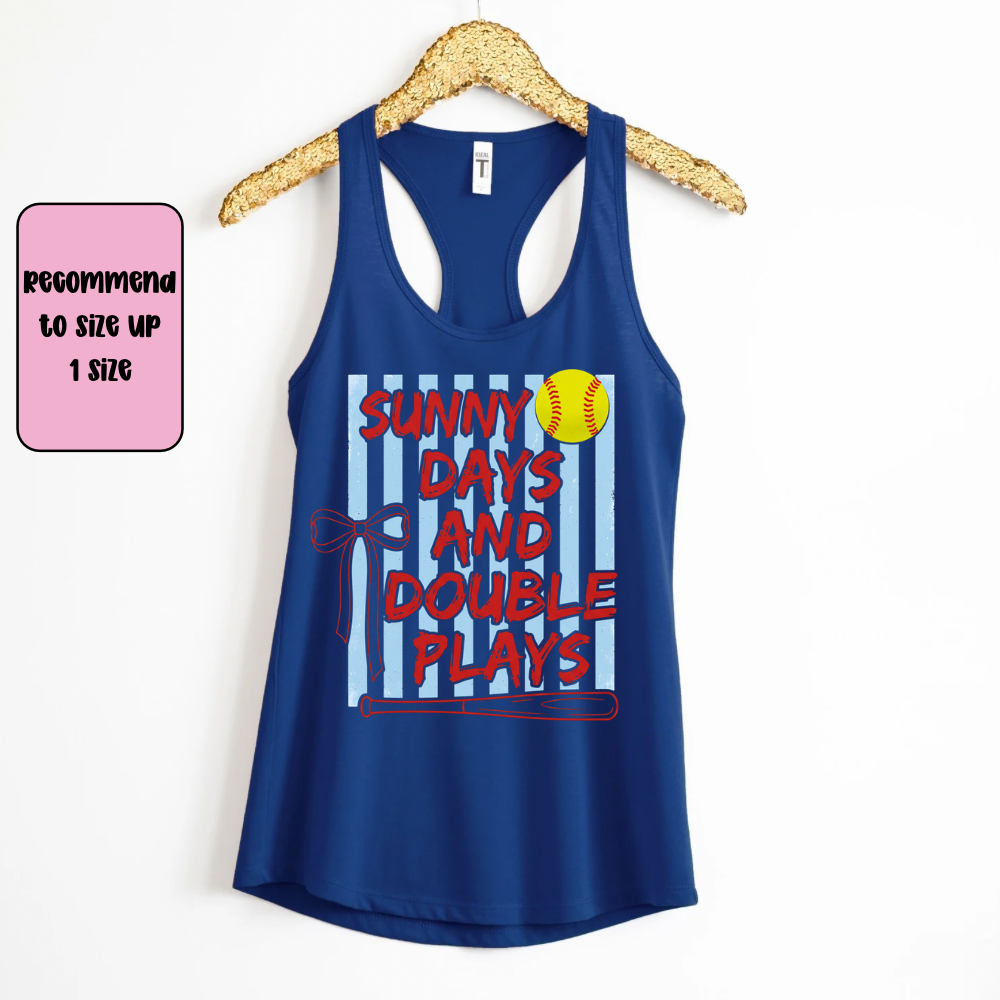 Sunny Days & Double Plays Softball Racerback Tank Top | Softball Mom Tank | Next Level Tank for Sports Moms | Cute Game Day Tank | Summer Softball Outfit