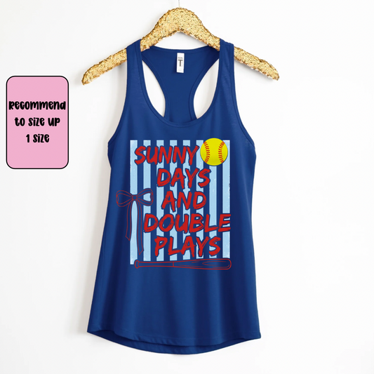 Sunny Days & Double Plays Softball Racerback Tank Top | Softball Mom Tank | Next Level Tank for Sports Moms | Cute Game Day Tank | Summer Softball Outfit